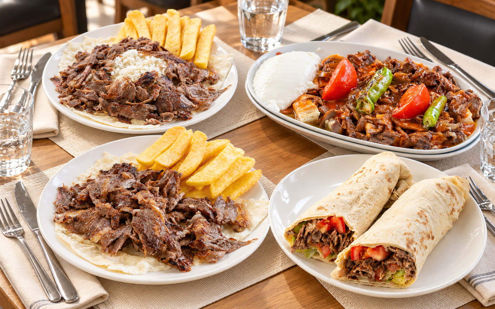 Gülhan Restoran’da dört kişilik masada porsiyon döner, pilav üstü döner, İskender ve dürüm servisi